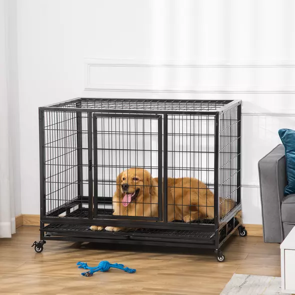 PawHut 43" Heavy Duty Metal Dog Crate Pet Cage with Tray Wheeled Dog Kennel - Black (Large) - 2