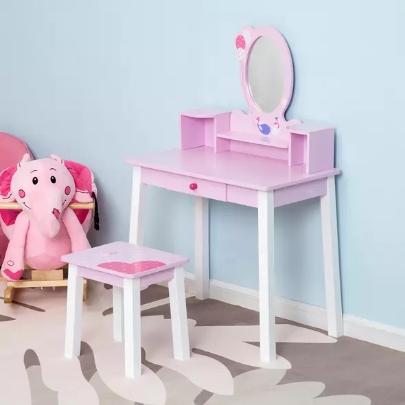 HOMCOM Kids Wooden Dressing Table and Stool Make Up Desk (Pink) - 2