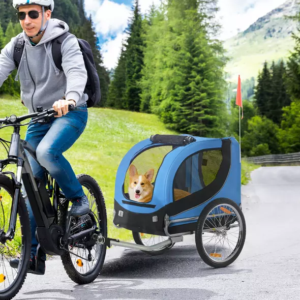 PawHut Steel Dog Bike Trailer Pet Cart Carrier for Bicycle Kit Water Resistant with Hitch Coupler Travel Black and Blue - 2