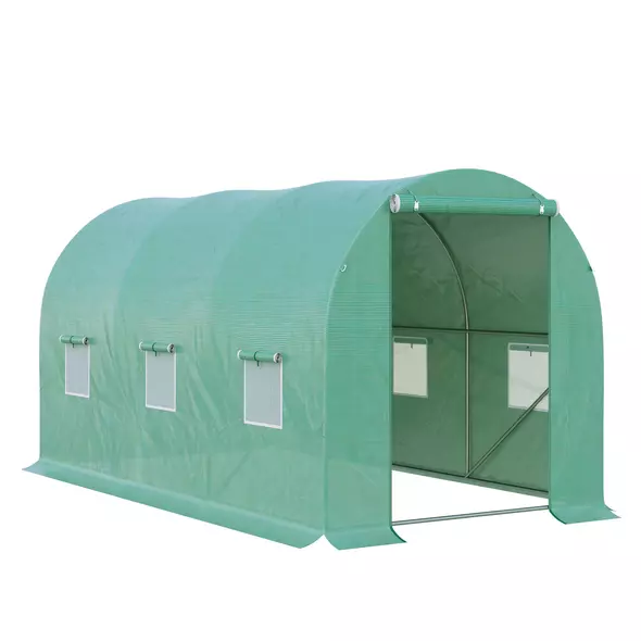 Outsunny 4 x 2 x 2 m Polytunnel Greenhouse with Roll-up Door and 6 Mesh Windows, Walk-in Garden Tunnel Warm House Tent with UV-resistant PE Cover and Galvanised Steel Frame, Green - 1