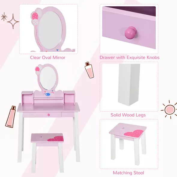 HOMCOM Kids Wooden Dressing Table and Stool Make Up Desk (Pink) - 5