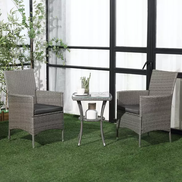 Outsunny 3 Pieces Rattan Bistro Set, Wicker Garden Furniture Set with 2-Tier Coffee Table and Chairs, Washable Cushions, for Outdoor Patio Balcony, Grey - 2