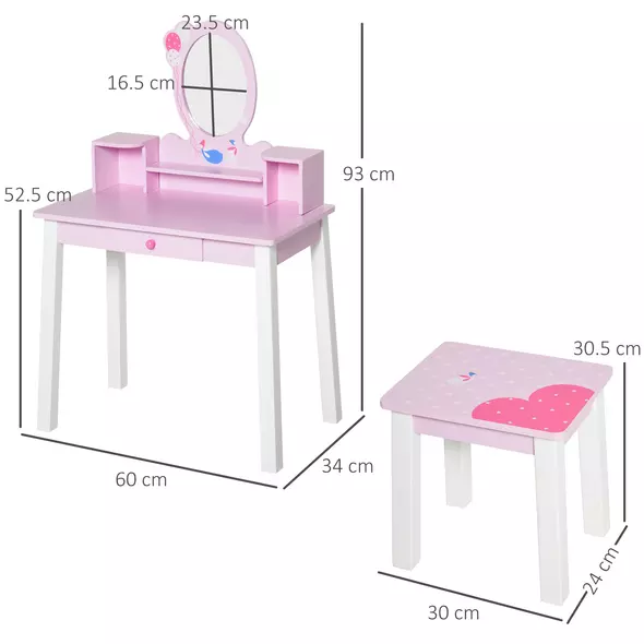 HOMCOM Kids Wooden Dressing Table and Stool Make Up Desk (Pink) - 3