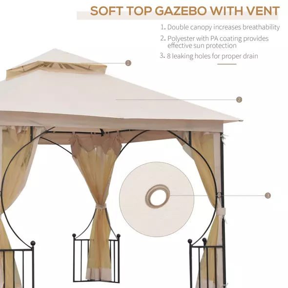 Outsunny 3 x 3(m) Garden Gazebo Patio Party Tent Shelter Outdoor Canopy Double Tier Sun Shade Metal Frame Netting, Beige - 4