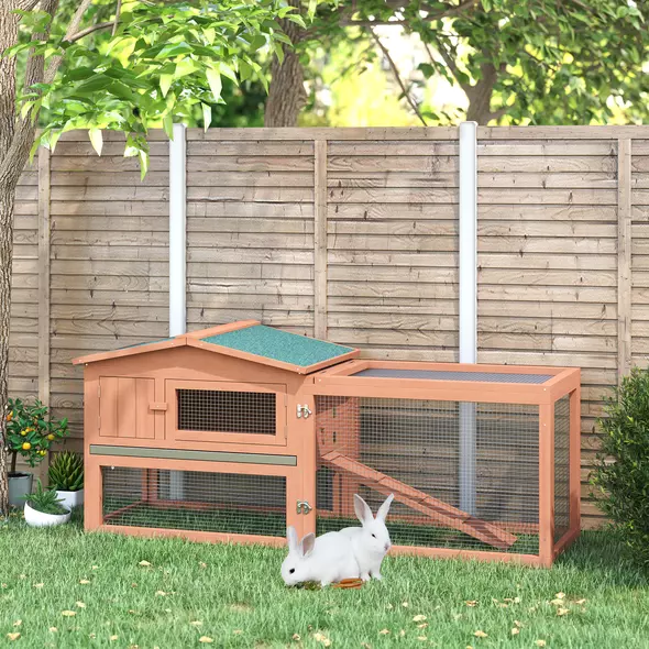 Pawhut Wooden Rabbit Hutch Guinea Pig hutch House 2 Tier with Rabbit Run for Outdoor Garden Backyard, 85 x 24 x 57cm - 2