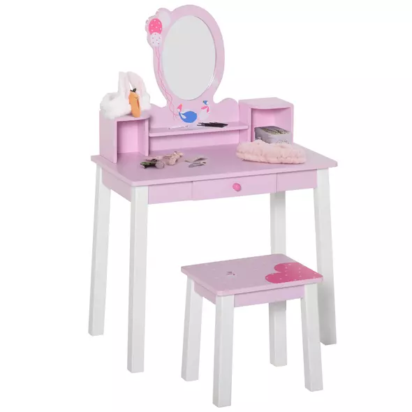 HOMCOM Kids Wooden Dressing Table and Stool Make Up Desk (Pink) - 1