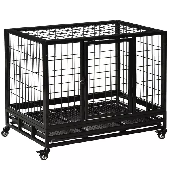 PawHut 36" Heavy Duty Metal Dog Crate Pet Cage with Tray Wheeled Dog Kennel - Black (Medium) - 1