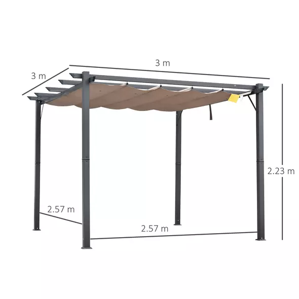 Outsunny 3m x 3m Pergola - Retractable Aluminium 3x3 Garden Shade for Outdoor BBQ & Gatherings, Family Use, Brown - 3