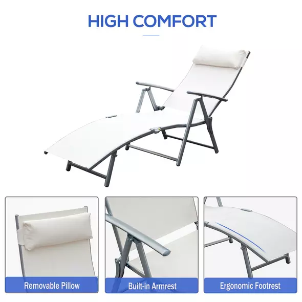 Outsunny Sun Lounger Steel Frame Outdoor Folding Chaise Texteline Lounge Chair Recliner with Headrest & 7 Levels Adjustable Backrest, Cream White - 5