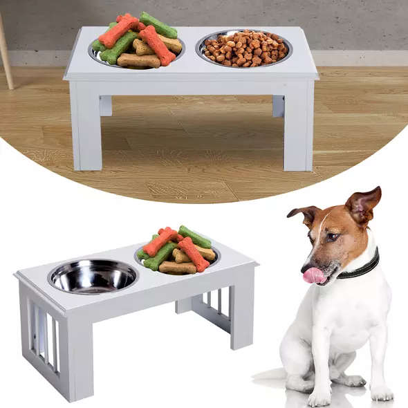 PawHut Raised Dog Feeding Bowls with Stand, Stainless Steel for Medium Dog, 58L x 31W x 25H cm - White - 2