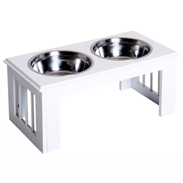 PawHut Raised Dog Feeding Bowls with Stand, Stainless Steel for Medium Dog, 58L x 31W x 25H cm - White - 1