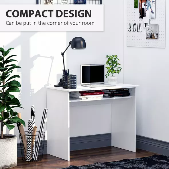 HOMCOM Modern Computer Desk, Home Office Table, Small Writing Desk with Storage Shelf, 90 x 50cm, White Wood Grain - 4