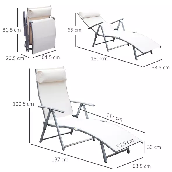 Outsunny Sun Lounger Steel Frame Outdoor Folding Chaise Texteline Lounge Chair Recliner with Headrest & 7 Levels Adjustable Backrest, Cream White - 3