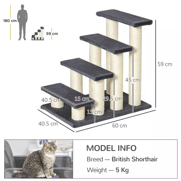 PawHut Dog Steps for Bed 4 Step Pet Stairs for Dog Cat ladder Scratch Post Grey - 3