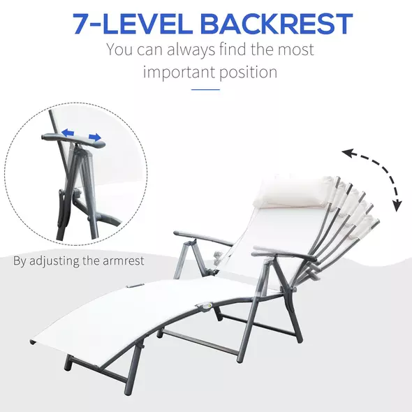 Outsunny Sun Lounger Steel Frame Outdoor Folding Chaise Texteline Lounge Chair Recliner with Headrest & 7 Levels Adjustable Backrest, Cream White - 4