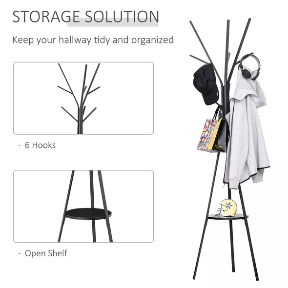 HOMCOM Freestanding Metal Coat Rack Stand 9 Hooks Clothes Tree with 1 Shelf Hat Display Hall Tree Hanger Bag Umbrella Hanging Organiser Black - 4