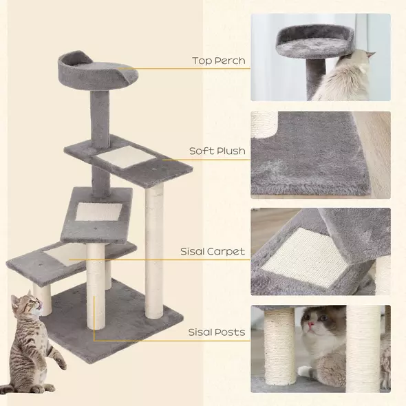 PawHut 100 cm Cat Tree for Indoor Cats Kitten Scratch Scratching Post Climbing Tower Activity Centre Grey - 4
