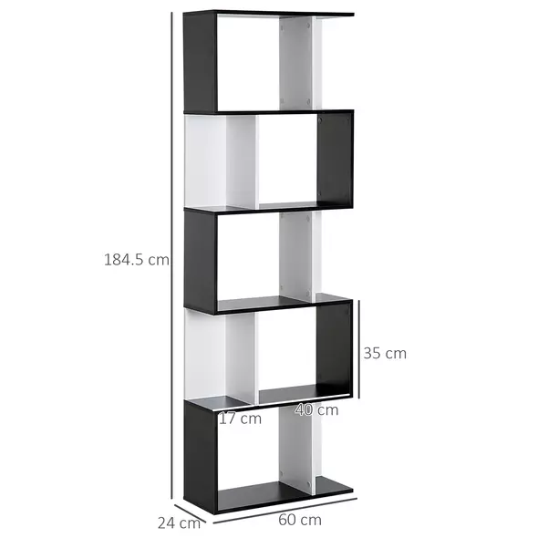 HOMCOM Bookcase, S-Shaped Wooden Bookshelf, 5/6 Tiers Freestanding Storage Shelf, Home Office Decorative Display Stand Rack, Black and White, 24D x 60W x 184.5H - 3