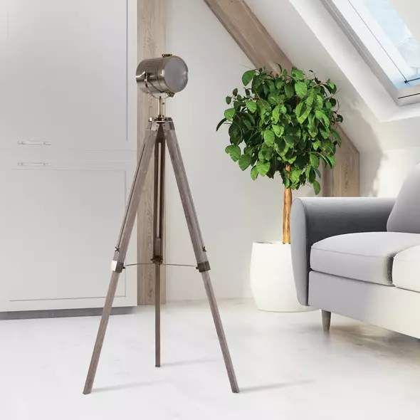 HOMCOM Industrial Tripod Floor Lamp, Nautical Searchlight with Adjustable Height, Wood Legs, E14 Lamp Base for Living Room, Bedroom, Grey and Bronze - 2