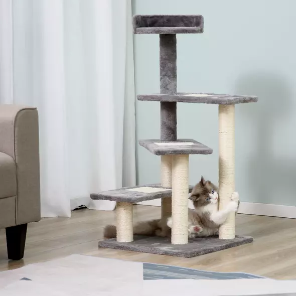PawHut 100 cm Cat Tree for Indoor Cats Kitten Scratch Scratching Post Climbing Tower Activity Centre Grey - 2