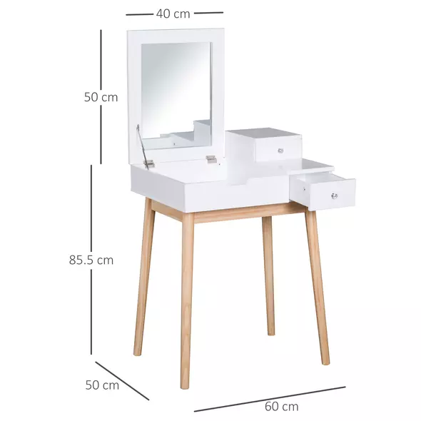 HOMCOM Dressing Table with Flip-up Mirror, Makeup Desk with 2 Drawers and Pine Wood Legs, Vanity Table Writing Desk for Bedroom Living Room, White - 3