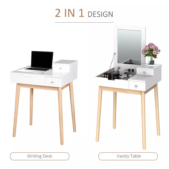 HOMCOM Dressing Table with Flip-up Mirror, Makeup Desk with 2 Drawers and Pine Wood Legs, Vanity Table Writing Desk for Bedroom Living Room, White - 4
