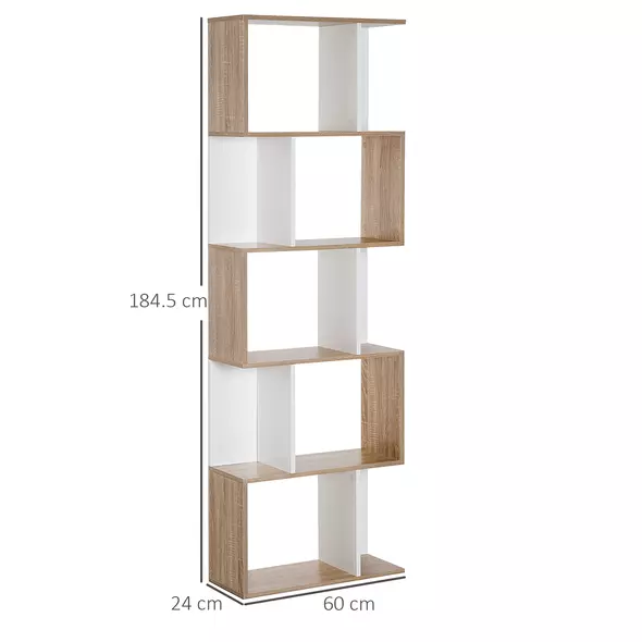 HOMCOM Bookcase, S-Shaped Wooden Bookshelf, 5/6 Tiers Freestanding Storage Shelf, Home Office Decorative Display Stand Rack, Oak and White, 24D x 60W x 184.5H - 3