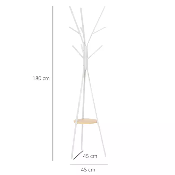 HOMCOM Freestanding Metal Coat Rack Stand 9 Hooks Clothes Tree with 1 Shelf Hat Display Hall Tree Hanger Bag Umbrella Hanging Organiser White - 3