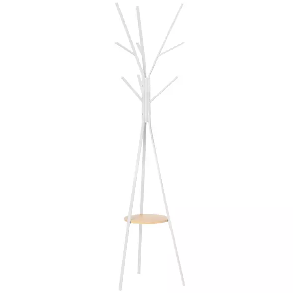 HOMCOM Freestanding Metal Coat Rack Stand 9 Hooks Clothes Tree with 1 Shelf Hat Display Hall Tree Hanger Bag Umbrella Hanging Organiser White - 1