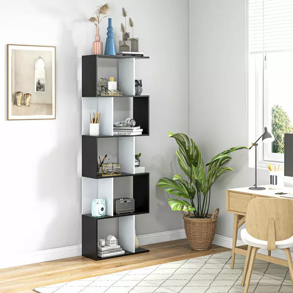 HOMCOM Bookcase, S-Shaped Wooden Bookshelf, 5/6 Tiers Freestanding Storage Shelf, Home Office Decorative Display Stand Rack, Black and White, 24D x 60W x 184.5H - 2