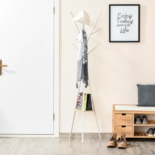 HOMCOM Freestanding Metal Coat Rack Stand 9 Hooks Clothes Tree with 1 Shelf Hat Display Hall Tree Hanger Bag Umbrella Hanging Organiser White - 9