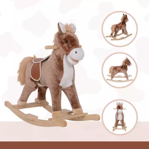 HOMCOM Kids Children Plush Rocking Horse Wooden Base Ride On Toy Rocker with Handle Grip Traditional Toy Fun Gift for Age 3+ (Brown & White) - 7