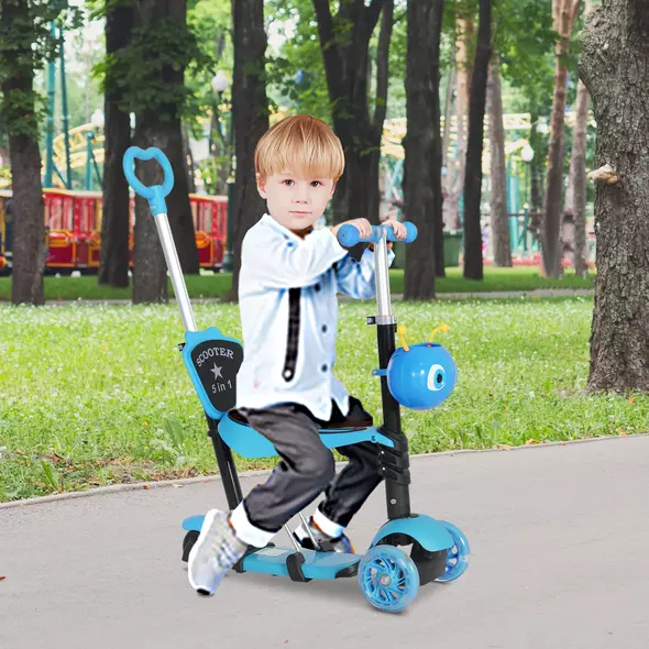 HOMCOM Adjustable Kids Toddler Scooter, with Removable Seat, Back Handle, Blue - 2