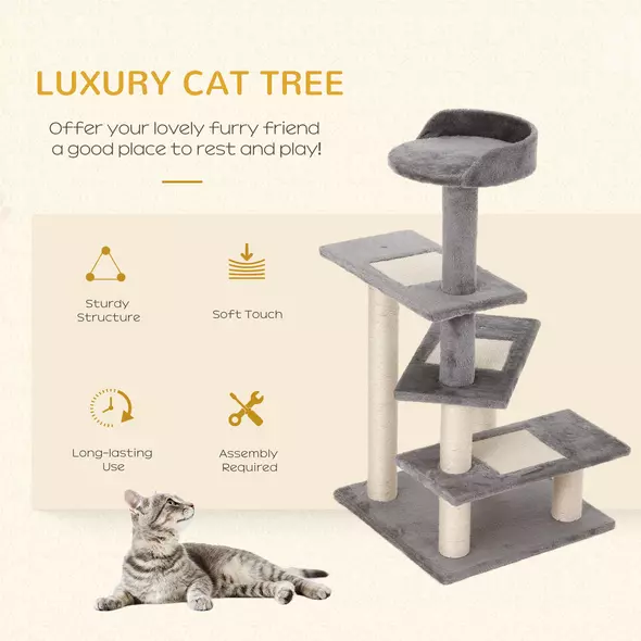 PawHut 100 cm Cat Tree for Indoor Cats Kitten Scratch Scratching Post Climbing Tower Activity Centre Grey - 6