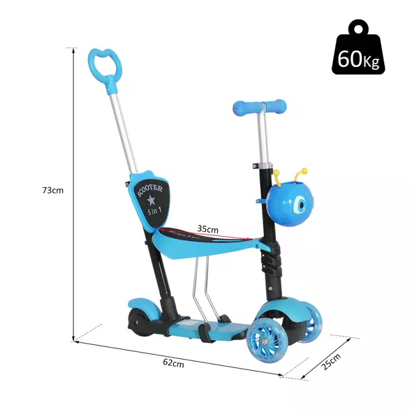 HOMCOM Adjustable Kids Toddler Scooter, with Removable Seat, Back Handle, Blue - 3