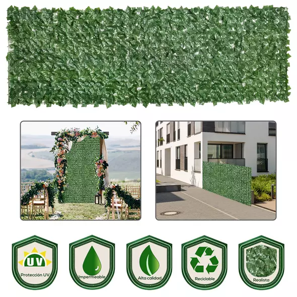 Outsunny 1-Piece Artificial Leaf Hedge Screen Privacy Fence Panel for Garden Outdoor Indoor Decor, Dark Green, 3M x 1M - 7