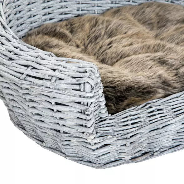 PawHut Wicker Pet Bed Willow Dog Cat Sofa Couch Puppy Basket with Cushion Grey 57L x 46W x 17.5H cm - 8
