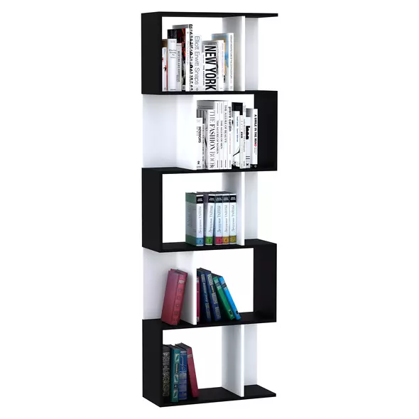 HOMCOM Bookcase, S-Shaped Wooden Bookshelf, 5/6 Tiers Freestanding Storage Shelf, Home Office Decorative Display Stand Rack, Black and White, 24D x 60W x 184.5H - 1