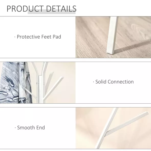 HOMCOM Freestanding Metal Coat Rack Stand 9 Hooks Clothes Tree with 1 Shelf Hat Display Hall Tree Hanger Bag Umbrella Hanging Organiser White - 6