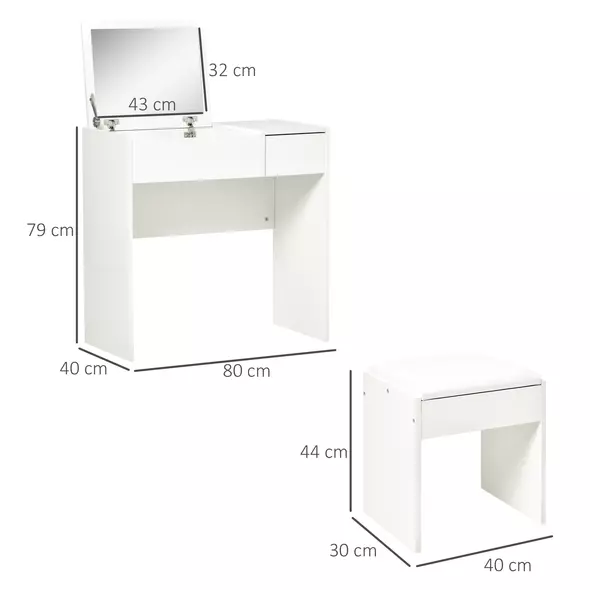 HOMCOM Makeup Desk with Drawer, Vanity Table Set with Flip-up Mirror and Cushioned Stool, White - 3