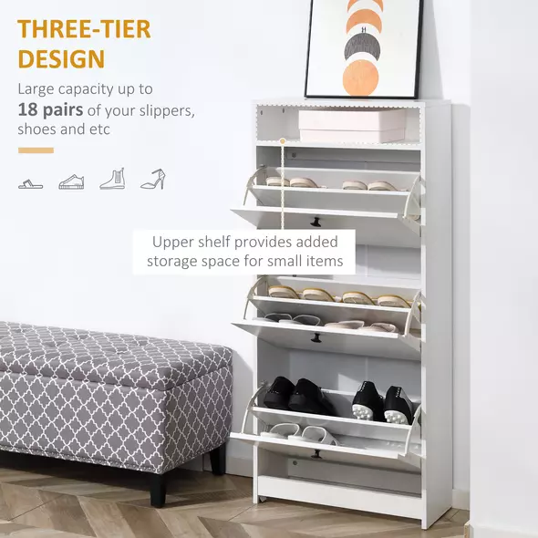 HOMCOM Narrow Shoe Cabinet with 3 Flip Doors, 14-18 Pairs Shoe Cupboard with Open Shelf for Slim Hallway and Entryway, 24 x 60 x 132 cm, White - 4