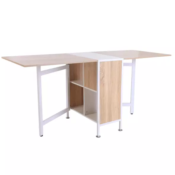 HOMCOM Foldable Drop Leaf Dining Table Folding Workstation for Small Space with Storage Shelves Cubes Oak & White - 2