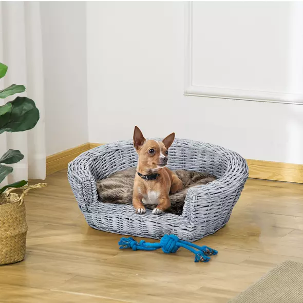 PawHut Wicker Pet Bed Willow Dog Cat Sofa Couch Puppy Basket with Cushion Grey 57L x 46W x 17.5H cm - 2