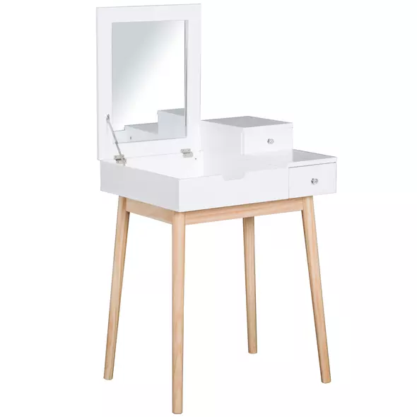 HOMCOM Dressing Table with Flip-up Mirror, Makeup Desk with 2 Drawers and Pine Wood Legs, Vanity Table Writing Desk for Bedroom Living Room, White - 1