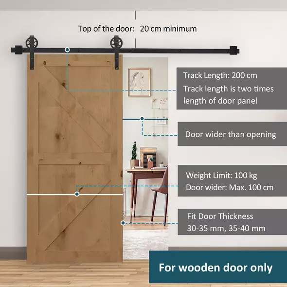 HOMCOM 6.6 FT/ 2000mm Carbon Steel Sliding Barn Door Kits Hardware Closet Set Track System for Single Wooden Door Industrial Wheel Style Roller - 4