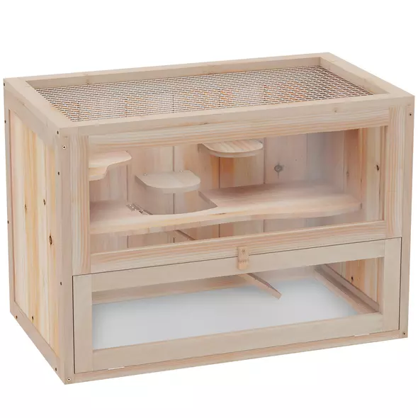 PawHut Wooden Hamster Cage Mouse Mice Rodent Small Animals Hutch Exercise Play House 60 x 35 x 42cm, Natural Wood Finish - 1
