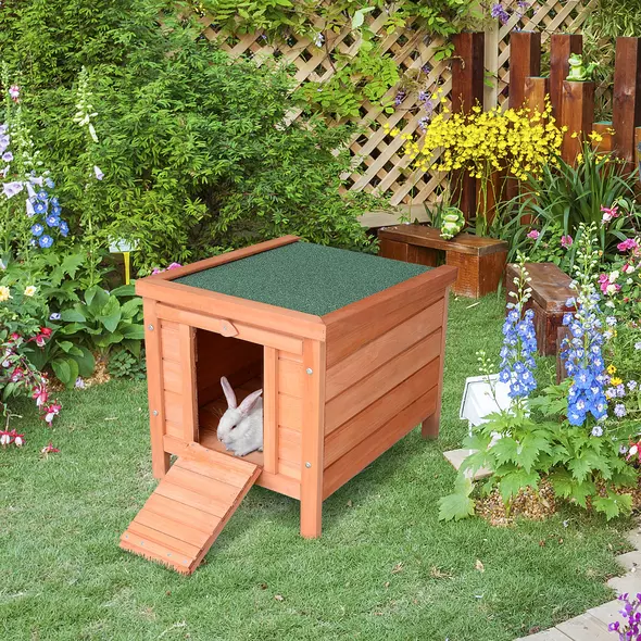 PawHut Wooden Rabbit Hutch Outdoor, Guinea Pig Hutch, Rabbit Hideaway, Cat House, Bunny Cage Small Animal House with Openable Roof, 51 x 42 x 43 cm, Natural - 2