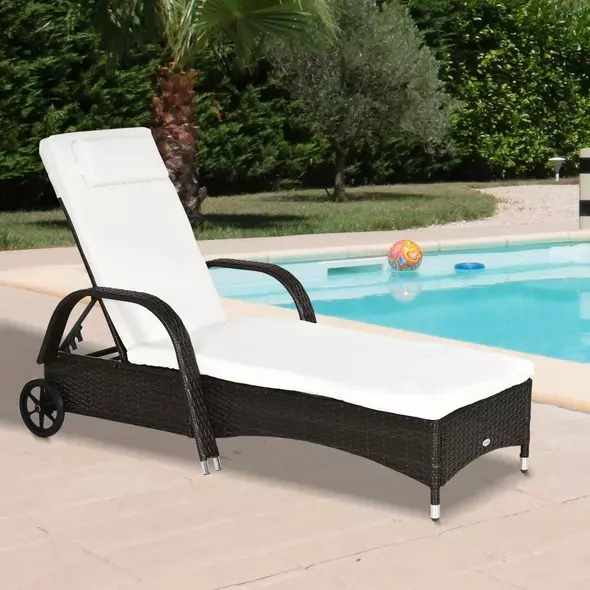 Outsunny Brown Rattan Sun Lounger w/ Adjustable Steel Frame,200Lx73Wx56-103H cm - 2