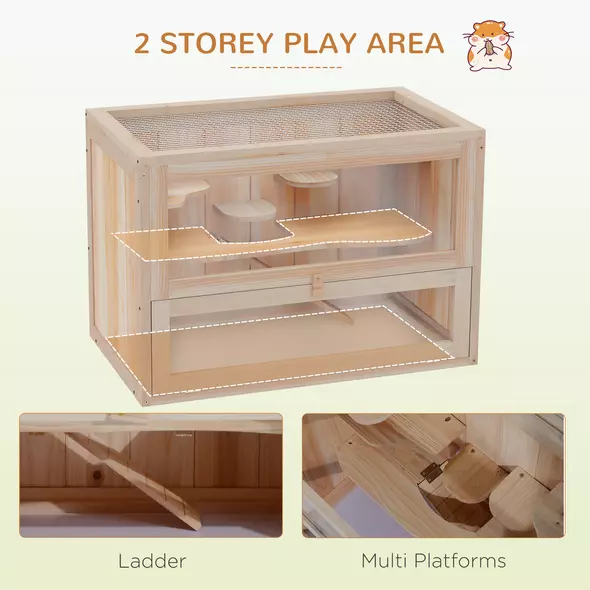PawHut Wooden Hamster Cage Mouse Mice Rodent Small Animals Hutch Exercise Play House 60 x 35 x 42cm, Natural Wood Finish - 4