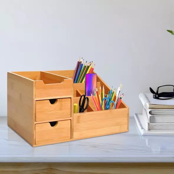 HOMCOM Desk Organiser Holder, Bamboo Multi-Function Storage Caddy with 7 Storage Compartments and 2 Drawers for Home Office Stationary Supplies, Natural Bamboo - 2